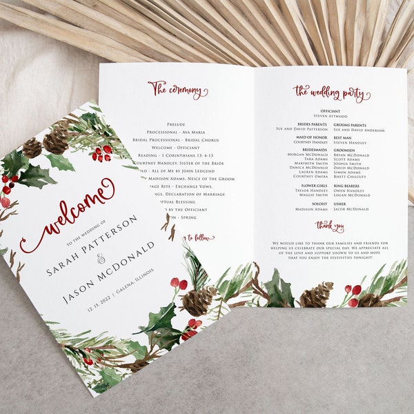 Christmas Wedding Program Template, Wedding Program Printable, Holiday Wedding Program, Foladble Wedding Program, TEMPLETT, WLP-RCW 4518