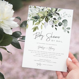 Baby Shower by Mail Invitation, Social Distancing Baby Shower Invitation, Greenery, Editable Template, Templett, WLP-HER 3019