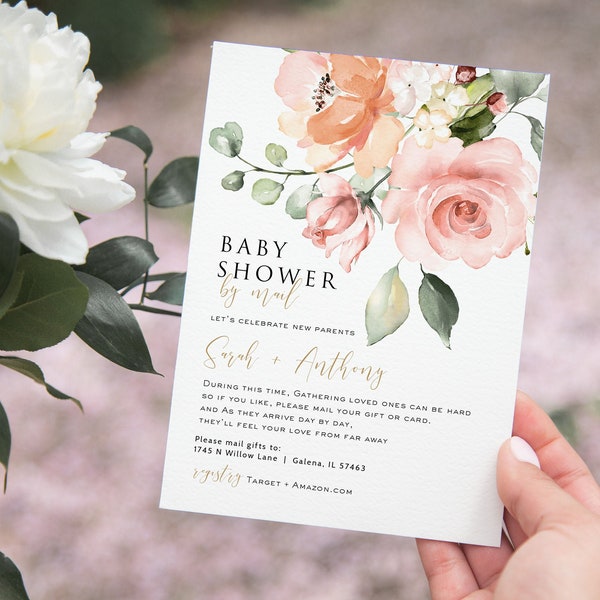 Baby Shower by Mail Invitation, Social Distancing Baby Shower Invitation, Floral, Editable Invitation, Templett, WLP-SUN 3040