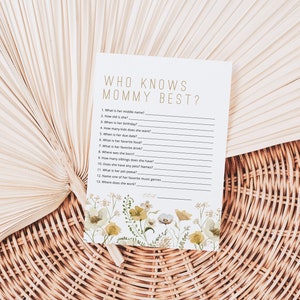 Who Know's Mommy Best Game, Wildflower Baby Shower Game, Editable Game Card, Mommy Questionaire Game, TEMPLETT, WLP-GWI 5094