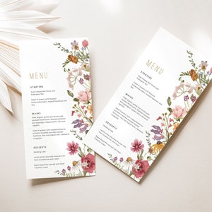 Wildflower Menu Card, Floral Menu Template, Wedding Menu, Instant Download, Printable Menu, 2 Sizes, Templett Menu Card, WLP-WIL 4691