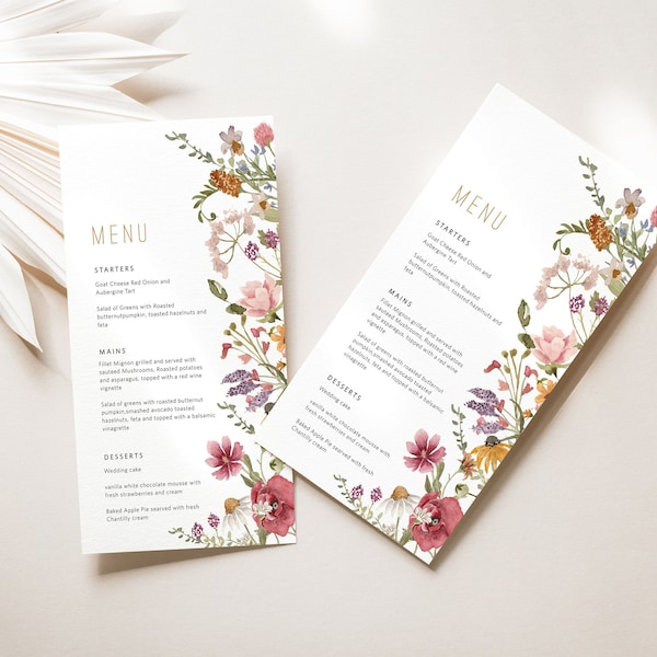 Wildflower Menu Card, Floral Menu Template, Wedding Menu, Instant Download, Printable Menu, 2 Sizes, Templett Menu Card, WLP-WIL 4691