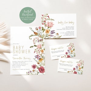 Wildflower Baby Shower Invitation, Baby Shower Bundle, Baby Shower Invitation, Books for Baby Card, Diaper Raffle, TEMPLETT, WLP-WIL 4384