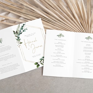 Może przedstawiać: Program ceremonii ślubnej z geometryczną złotą ramą i zielonymi liśćmi. Program zawiera kolejność wydarzeń, gości weselnych i powitanie dla Hanny i Jamesa.