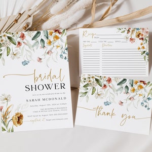 Wildflower Bridal Shower Invitation Set, Boho Bridal Shower Invitation, Details Card, Recipe Card, Instant Download, TEMPLETT, WLP-DUT 4908