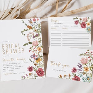 May include: Three cards with floral designs. The first card is a bridal shower invitation for Samantha Thomas. The second card is a recipe card with a floral border. The third card is a thank you card with a floral border and the text "Thank you from the McDonalds".