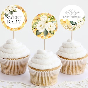 Bee Baby Shower Cupcake Toppers, Printable Bee Cupcake Toppers, Editable Baby Shower Toppers, Edit with TEMPLETT, WLP-FBE 5458