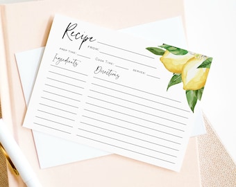May include: A blank recipe card with a lemon illustration. The card has sections for prep time, cook time, ingredients, directions, and servings.