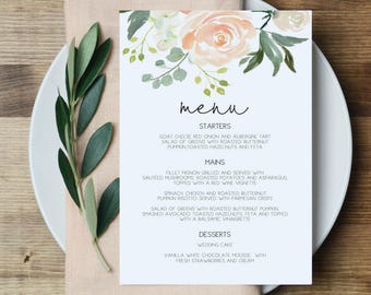 Peach Floral Menu Template, Menu Card, Printable, Instant Download, Edit with TEMPLETT, Shower Menu Template, WLP-PEA 681