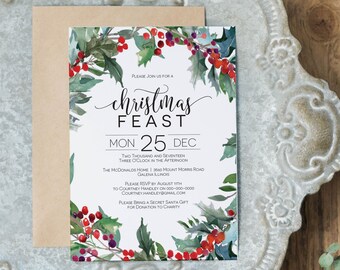 Christmas Invitation Printable, Rustic Berry Christmas InvitationTemplate, Instant Download Editable PDF, WLP499