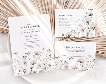 Puede incluir: Tres tarjetas blancas con diseños florales y texto negro. La tarjeta superior dice "Libros para el bebé" y tiene un poema sobre libros. La tarjeta del medio es una invitación a una fiesta de bienvenida al bebé para Sarah McDonald el 15 de agosto. La tarjeta inferior dice "Sorteo de pañales" y tiene un espacio para un nombre.