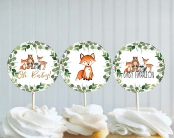 Woodland Baby Shower Cupcake Toppers, Printable Woodland Cupcake Toppers, Editable Baby Shower Toppers, Edit with TEMPLETT, WLP-RWW 4152