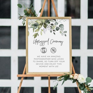 Unplugged Ceremony Sign, Greenery Wedding Unplugged Poster Sign Template, Printable Wedding Sign, Edit with TEMPLETT, WLP-HER 3944