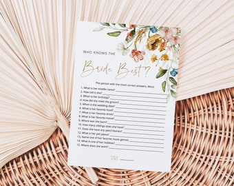 Wildflower Who knows the Bride the Most Game, Floral Bridal Shower Game, Printable How well do you know the Bride?,  TEMPLETT, WLP-DUT 5484