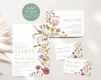 Puede incluir: Un conjunto de invitaciones imprimibles para una fiesta de bienvenida al bebé con un diseño floral. La invitación incluye el texto "Baby Shower" y "Samantha Thomas". Las tarjetas también incluyen una hoja de inscripción para una rifa de pañales y una tarjeta "libros para el bebé".