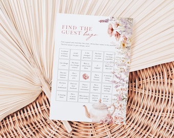 Find the Guest Bingo, Tea Party Shower Game Card, Get to Know You Game, Mingling Bingo Game Card, Edit with TEMPLETT, WLP-PTE 7378