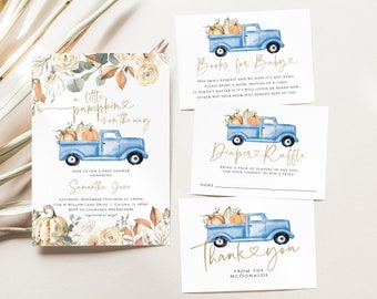 May include: A blue truck with a heart on the side, carrying pumpkins. The truck is on a white background with gold text that says "a little pumpkin is on the way". The text "Samantha Jane" is also in gold. The text "Books for Baby", "Diaper Raffle", and "Thank you from the McDonalds" is also in gold.