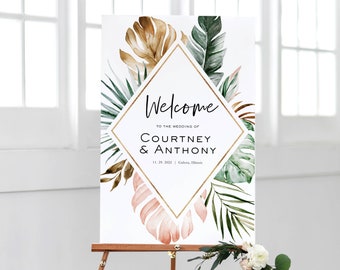 Wedding Welcome Sign, Printable Tropical Blush Welcome Poster Template, Tropical Welcome Sign, Edit with TEMPLETT, WLP-TRB 2493
