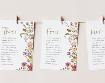 May include: Three floral table cards with gold lettering and a list of names for a wedding reception. The cards are numbered "Three", "Four", and "Five".