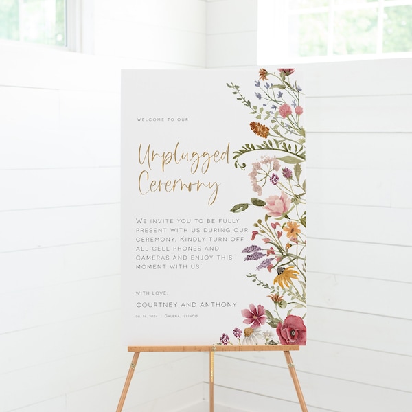 Wildflower Unplugged Ceremony Sign, Wedding Unplugged Poster Sign, Printable Wedding Sign, 5 Sizes, Edit with TEMPLETT, WLP-WIL 5905