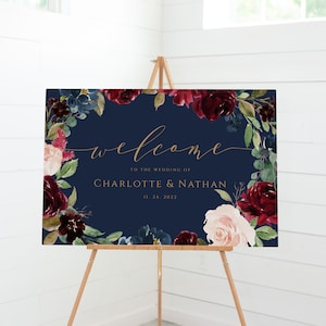 Navy Wedding Welcome Sign, Printable Burgundy Welcome Poster Template, Floral Welcome Sign, Edit with TEMPLETT, WLP-MID 4225