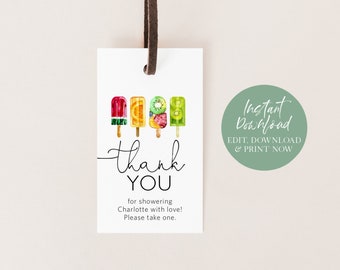 May include: Thank you favor tag with a colorful fruit popsicle design. The tag says "Thank You" and "for showering Charlotte with love! Please take one."