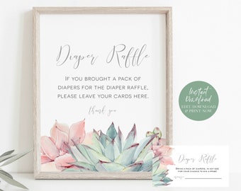 Succulent Diaper Raffle Sign, Baby Shower Game Sign, Printable Baby Shower Sign, Edit with TEMPLETT, WLP-PPS 2889
