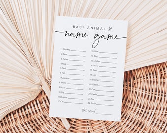 May include: A printable baby animal name game with a list of 24 animals, including monkey, bear, turkey, frog, seal, fish, kangaroo, horse, duck, pig, dolphin, cat, goat, dog, chicken, sheep, deer, lion, elephant, rabbit, cow, panda, turtle. The game includes a space to write the baby animal names and a space to write the total correct answers.