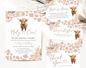 May include: A set of four printable baby shower cards featuring a watercolor illustration of a Highland cow with floral accents. The cards include a baby shower invitation, a diaper raffle card, a thank you card, and a "Books for Baby" card.