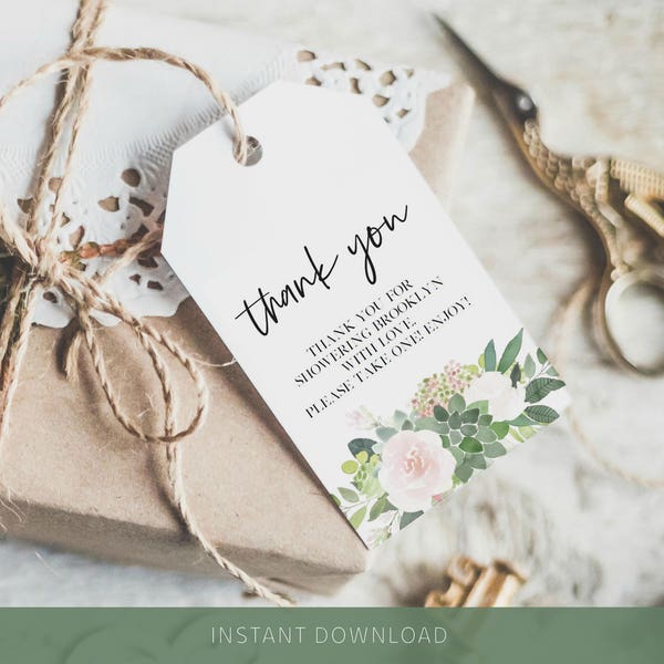Greenery Thank You Favor Tag Template, Succulent thank You Tag, Pink Girl Thank You Tag, Edit with TEMPLETT, Instant Download, WLP-SUC 676