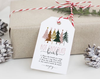 Christmas Hot chocolate Bomb Tag, Printable Bomb Directions Tags, Cocoa Favor Tags, Christmas Trees, Edit with TEMPLETT, WLP-PCH 3891