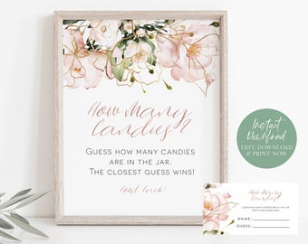 Blush Candy Guessing Game, Guess How Many Candies, Baby Shower Game, Floral Baby Shower Sign + Cards Set, Edit with TEMPLETT, WLP-PGO 4367