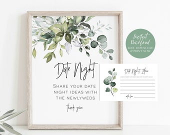Date Night Ideas, Date Jar Sign, Date Night Sign, Greenery Date Night Ideas Cards, Bridal Shower Game, TEMPLETT, WLP-HER 1477