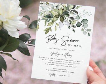 Baby Shower by Mail Invitation, Social Distancing Baby Shower Invitation, Greenery, Editable Template, Templett, WLP-HER 3019
