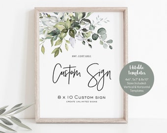 Custom Signs, (Portrait and Landscape), Greenery Editable Sign Template, 3 Sizes, Printable Shower Sign, Edit with TEMPLETT, WLP-HER 4118