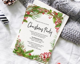 May include: A Christmas party invitation with a festive wreath design featuring green pine branches and red berries. The invitation includes the date, time, location, and RSVP information. The text reads: "Please join us for our annual Christmas Party Hosted by Sarah and Jason Mcdonald Saturday December 23rd 2019 Six O'Clock in the afternoon The McDonalds Home 4635 Mount Dandenony Road Galena, noin 37465 Please RSVP by December 12th to Courtney on 000.000.0000 Please bring a Secret Santa Gift valued £10"