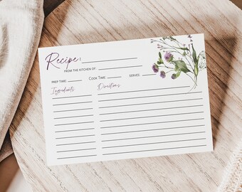 Wildflower Recipe Card, Printable Recipe Card, Floral Recipe Template, Summer Recipe Card, 4x6", Edit with TEMPLETT, WLP-PWI 4823