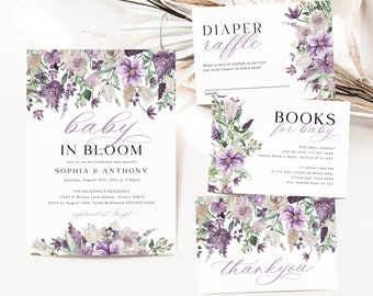 May include: Purple and white floral baby shower invitation with the text "baby in bloom" and the names "Sophia & Anthony". The invitation includes the date, time, and location of the shower. It also includes a diaper raffle card and a book request card with floral designs.