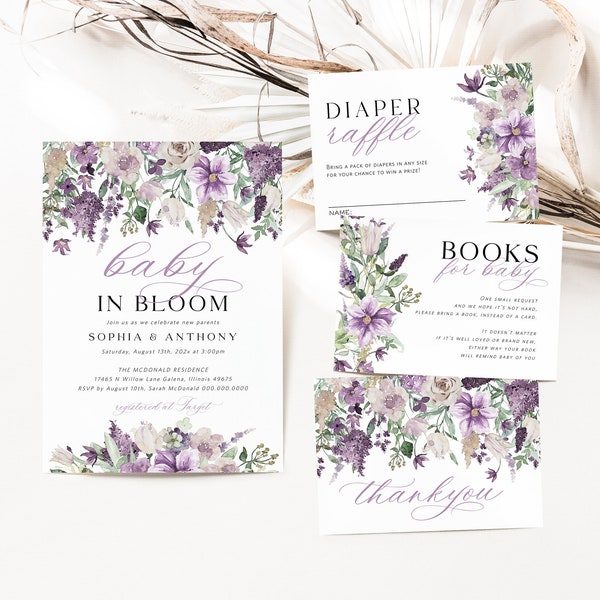 Lilac Baby in Bloom Invitation, Baby Shower Bundle, Baby Shower Invitation, Books for Baby Card, Diaper Raffle, TEMPLETT, WLP-PUR 5949