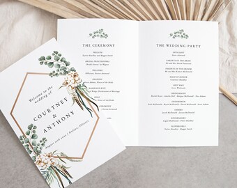 May include: A wedding ceremony program with a gold hexagonal frame and floral illustrations. The program includes the names Courtney & Anthony, the date August sixth, and the location Galena, Illinois. The program also includes the order of the ceremony and the wedding party.