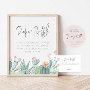 Kaktus Blumen Babyparty Windel-Gewinnzeichen und Raffle-Lose, Windel-Gewinnset, Mädchen, Boho-Baby-Dusche-Set, TTEMPLETT, WLP-PCA 2420