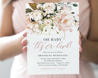 Oh Baby It's a Girl Invitation, Baby Shower Invitation, Pink Floral, Gold, Girl Baby Shower Invitation, TEMPLETT, WLP-PGO 3492