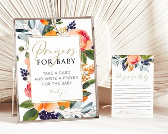 Navy Floral Prayers for Baby Sign and Writing Cards, Boho Printable Baby Shower Sign,  Prayers for Baby, Edit with TEMPLETT, WLP-NOR 4863