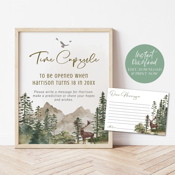 Baby Time Capsule Sign and Note Cards, Woodland Time Capsule Writing Cards, Baby Shower Milestone, Mountain, TEMPLETT WLP-PFO 7106