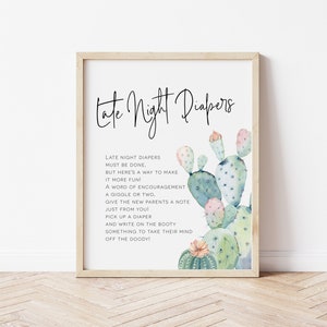Late Night Diapers Sign, Diaper Thoughts Signs, Cactus Baby Shower Sign, Printable Late Night Diapers Sign, WLP-PCA 2555