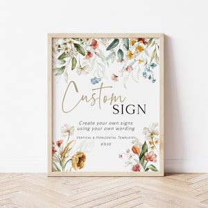 Wildflower Custom Sign, (Portrait and Landscape), Floral Editable Sign Template, 8x10, Printable Shower Sign, Edit w TEMPLETT, WLP-DUT 5046