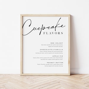 Könnte beinhalten: Ein gerahmtes Schild mit dem Titel "Cupcake Flavors" und einer Liste von Cupcake-Geschmacksrichtungen: Red Velvet, Chocolate & Vanilla, Apple Pie und Peanut Butter.