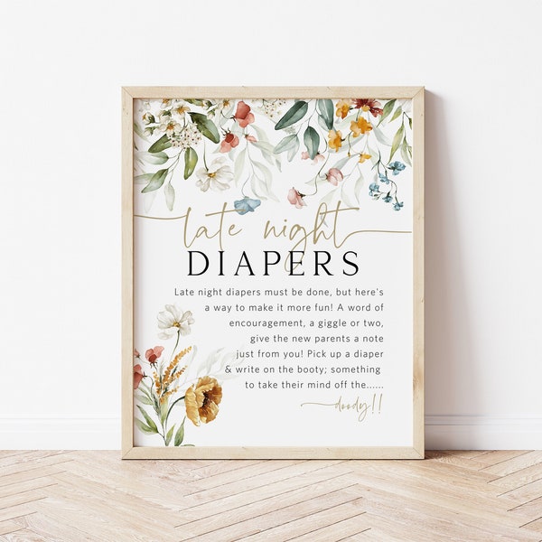 Wildflower Late Night Diapers Sign, Diaper Thoughts Signs, Floral Baby Shower Sign, Printable Late Night Diapers Sign, WLP-DUT 5039