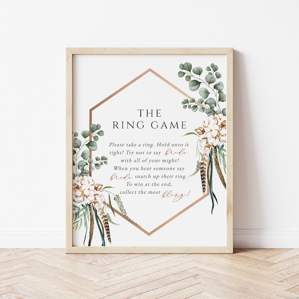 Boho The Ring Game, Bridal Shower Game Sign, Bridal Shower Sign, Bridal Ring Game, Ring Game Sign, Edit with TEMPLETT, WLP-BOH 5058