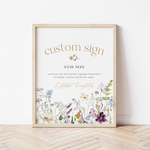 Wildflower Custom Sign, (Portrait and Landscape), Floral Editable Sign Template, 8x10, Printable Shower Sign, Edit w TEMPLETT, WLP-PRW 5292